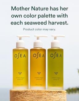 Trio of OSEA body oils shown with seasonal color note