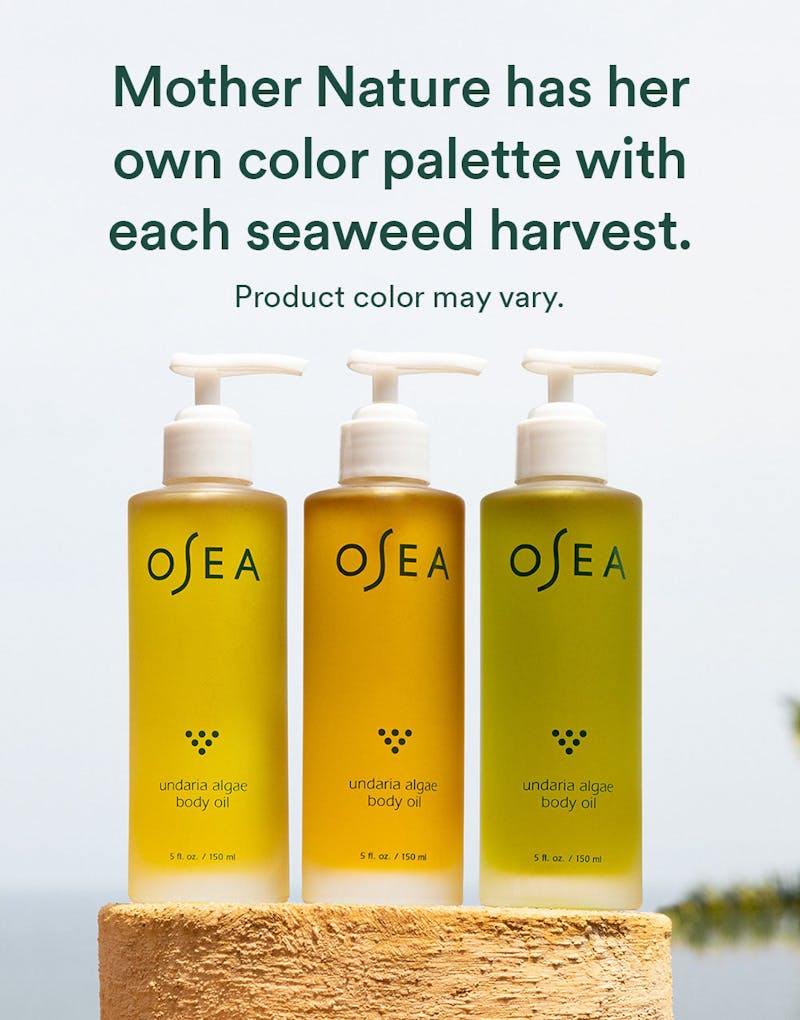 Trio of OSEA body oils shown with seasonal color note