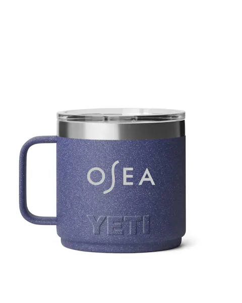 OSEA branded YETI insulated mug in textured blue finish