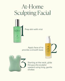 OfeA skincare products for at-home sculpting facial with text instructions on a white background.