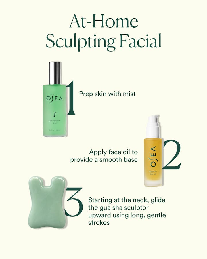 OfeA skincare products for at-home sculpting facial with text instructions on a white background.