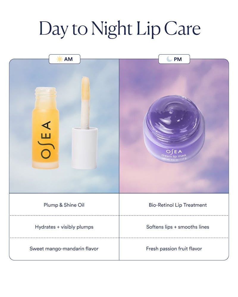 OSEA lip care products with AM and PM usage instructions on a white background