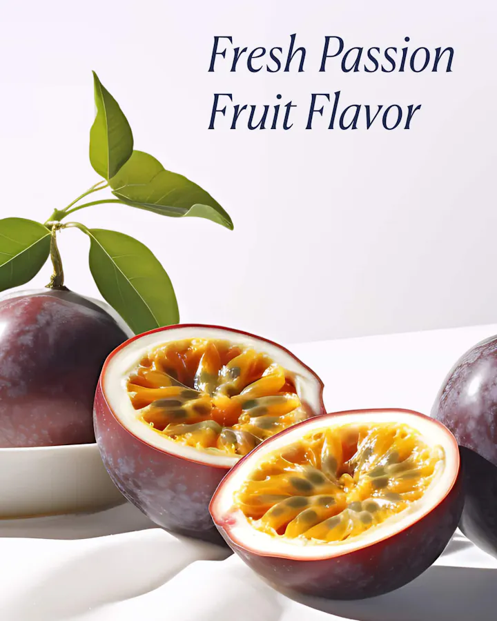Whole and halved passion fruit with visible pulp and seeds, with text reading 'Fresh Passion Fruit Flavor.