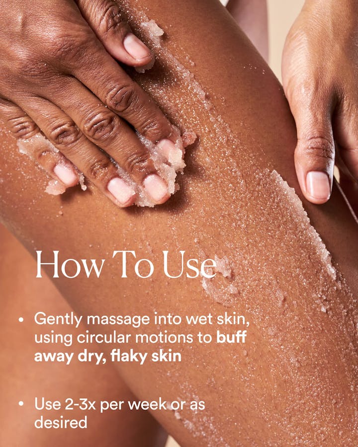 Close-up of hands applying a exfoliating product to skin with text on usage.
