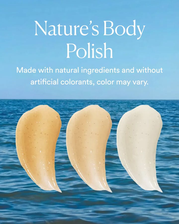 Nature's Body Polish with natural ingredients on a blue background