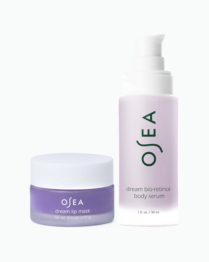 OSEA lip mask and body serum on a white background