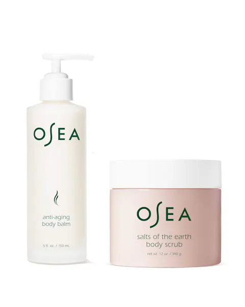 OSEA anti-aging body balm and salts of the earth body scrub on a white background