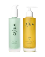 Two OSEA skincare products, a green serum bottle and a yellow body oil bottle, on a white background.
