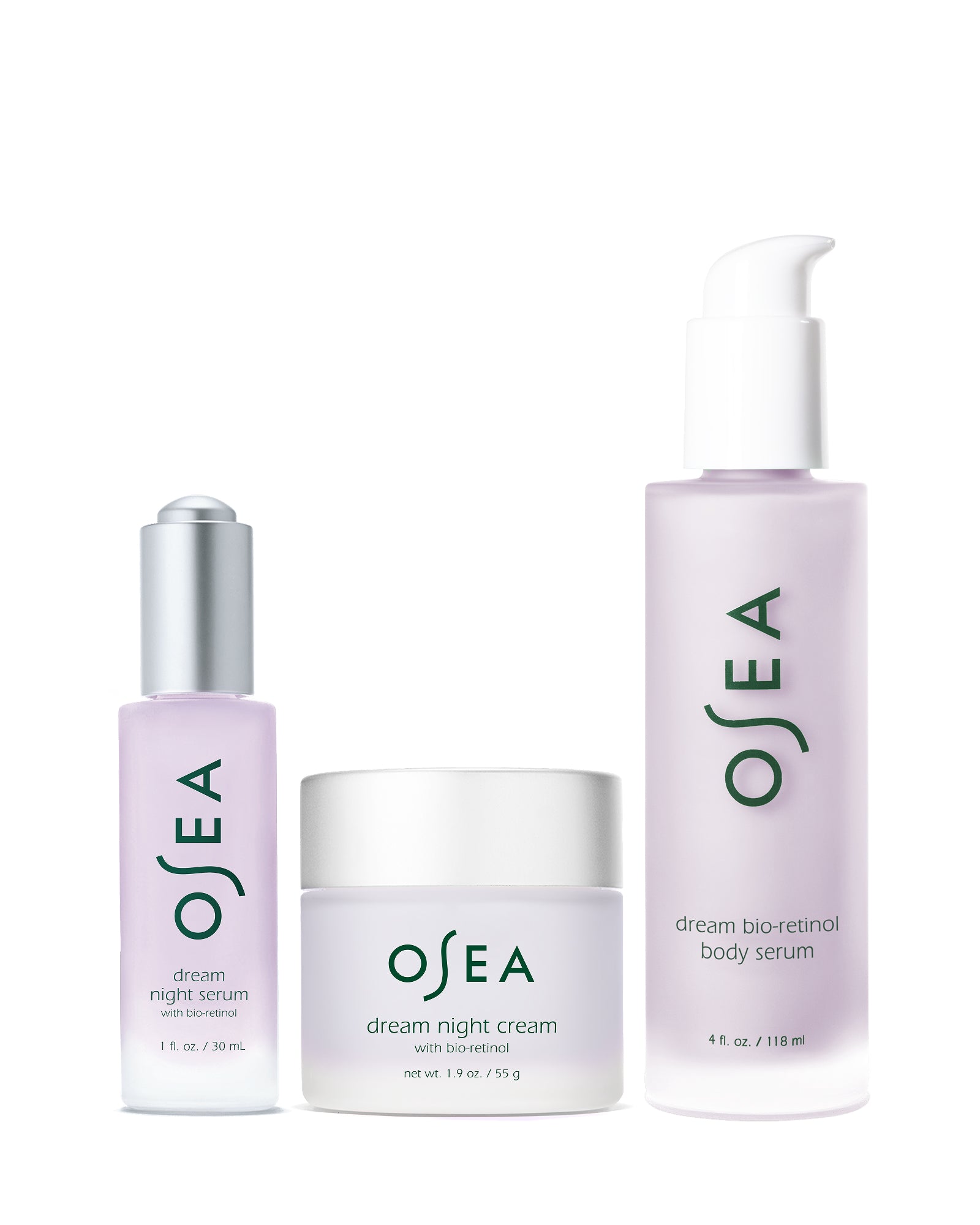OSEA skincare products including serum, cream, and body serum on a white background