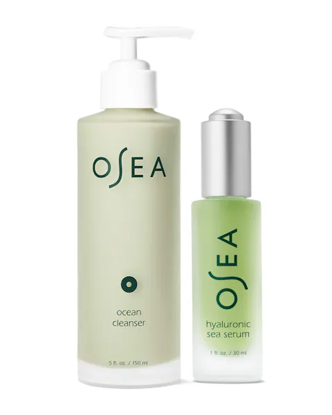 Osea skincare products including ocean cleanser and hyaluronic sea serum on a white background