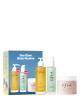 OSEA Sea Glow Body Routine packaging box beside its three full-size products — Undaria Algae Body Oil, Hyaluronic Body Serum, and Salts of the Earth Body Scrub — on a white background, with Allure Best of Beauty 2024 and 2025 award badges.
