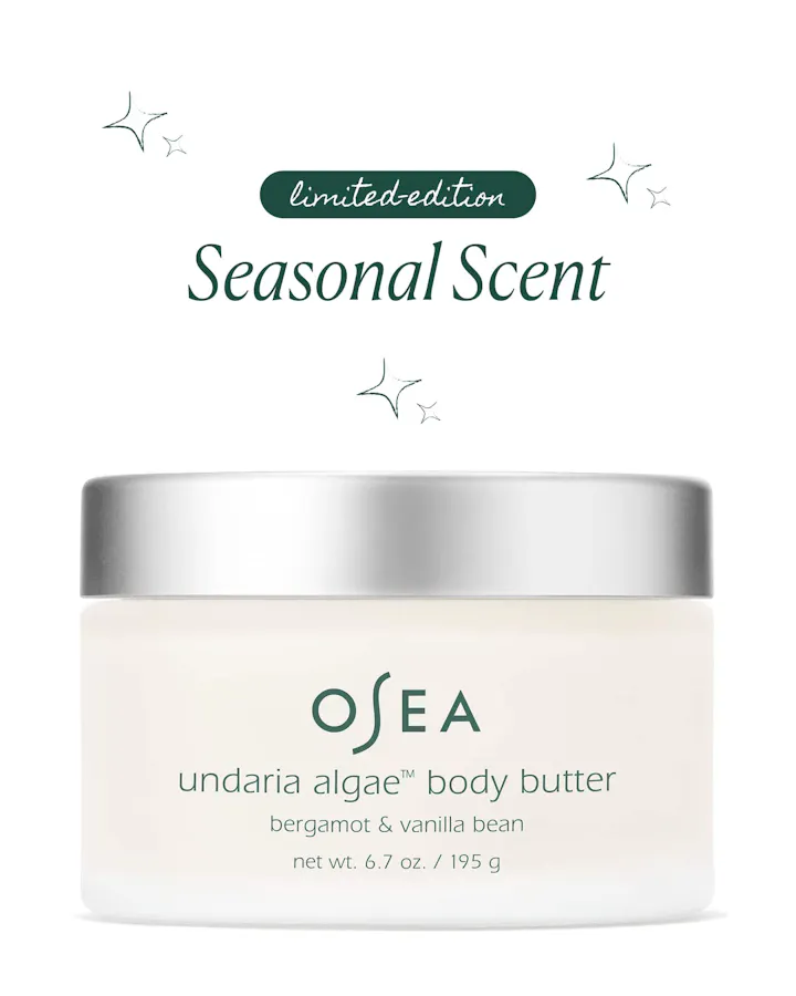 Closed jar of OSEA Undaria Algae Body Butter, Bergamot & Vanilla Bean, 6.7 oz, on a white background with a 'limited-edition Seasonal Scent' badge above it.