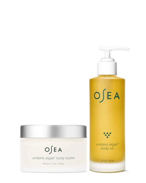 OSEA body butter and body oil on a white background