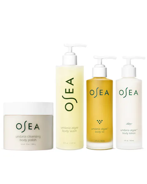Undaria body care lineup featuring Cleansing Body Polish, Algae Body Wash, Collagen Body Lotion, and Algae Body Oil