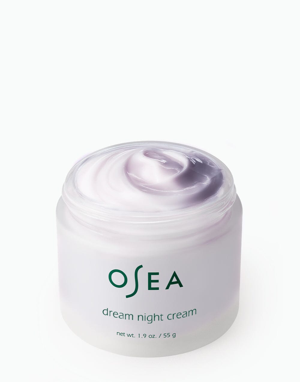 OSEA Dream Night Cream jar with lid off, showcasing fluffy cream texture
