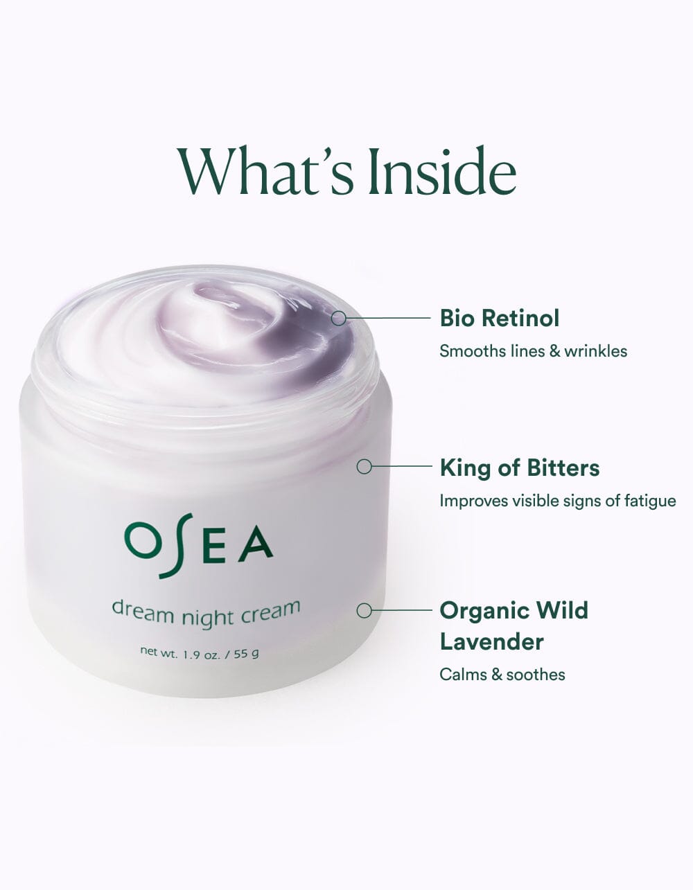 OSEA Dream Night Cream next to ingredient callouts: bio-retinol, seaweed extract, and organic oils