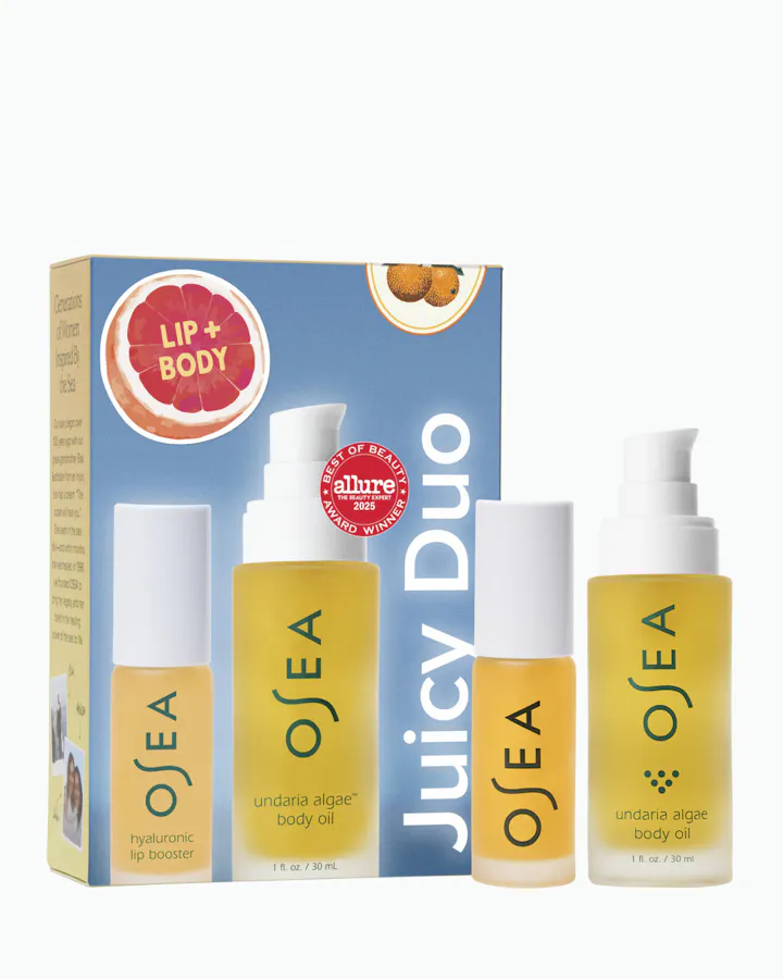 OSEA Juicy Duo lip and body oil set with packaging on a white background