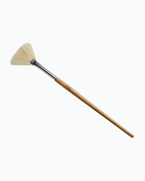Fan brush with wooden handle and bristle head on a white background