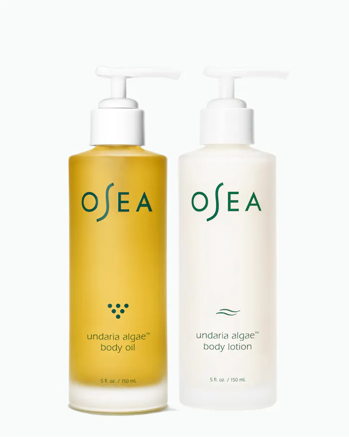 OSEA Mega Moisture Duo featuring Undaria Algae Body Oil, Undaria Body Butter, and dry body brush 