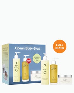 Osea product set with packaging labeled 'Ocean Body Glow' on a white background