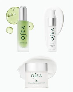 OSEA skincare products including serum, cleansing milk, and cream on a white background