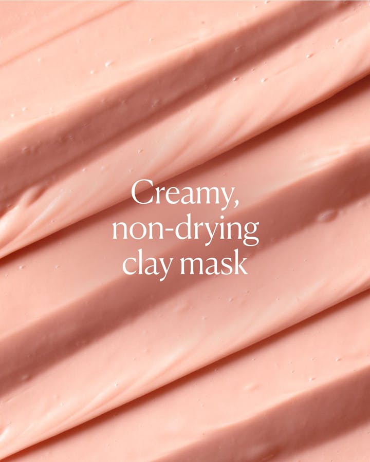 Pink clay mask with text 'Creamy, non-drying clay mask' on a pink background