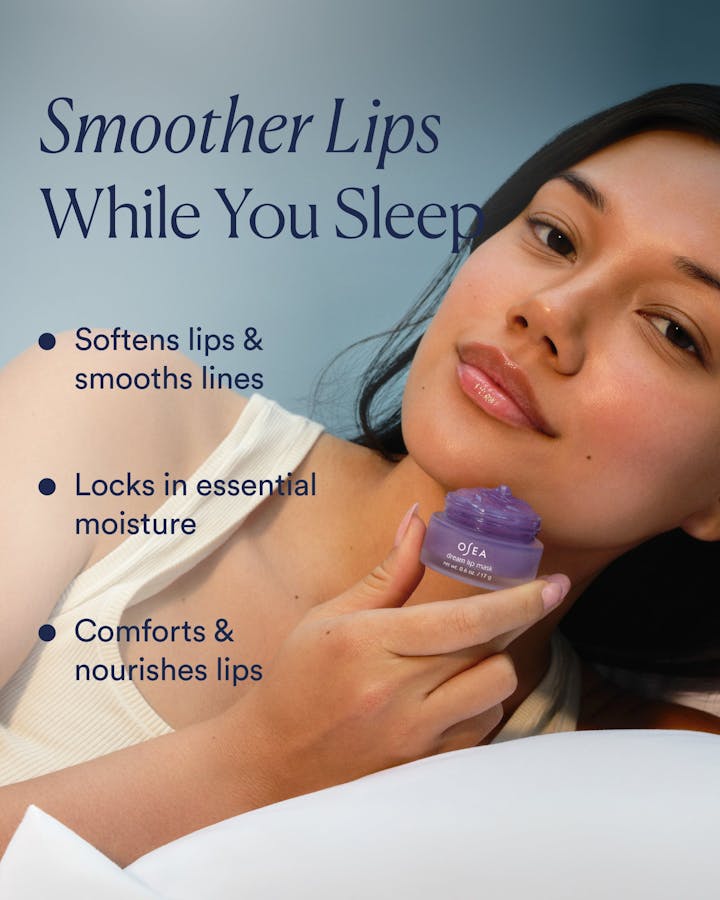 Woman holding a lip balm with text about its benefits on a blue background