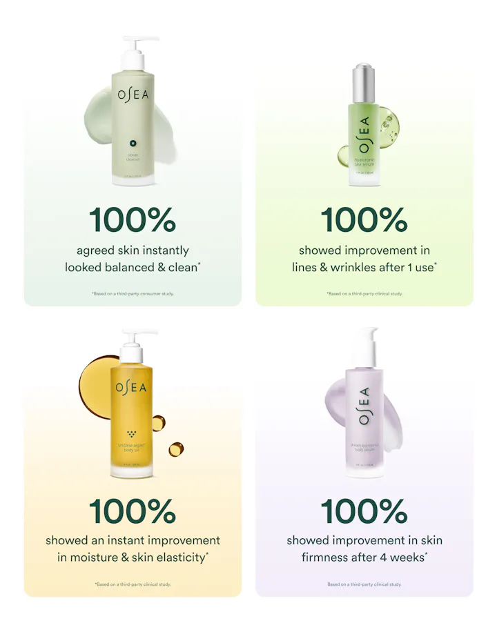 Four OSEA skincare product panels arranged in a 2x2 grid on a white background, each showing a bottle with large text claiming 100% skin improvement in different areas.