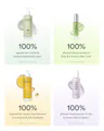 Four OSEA skincare product panels arranged in a 2x2 grid on a white background, each showing a bottle with large text claiming 100% skin improvement in different areas.