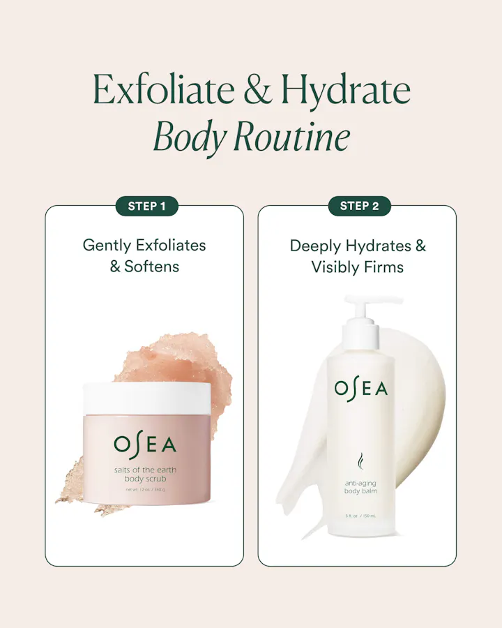 OSEA body care products with step-by-step instructions on a beige background