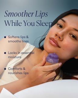 Woman holding a lip balm with text about its benefits on a blue background