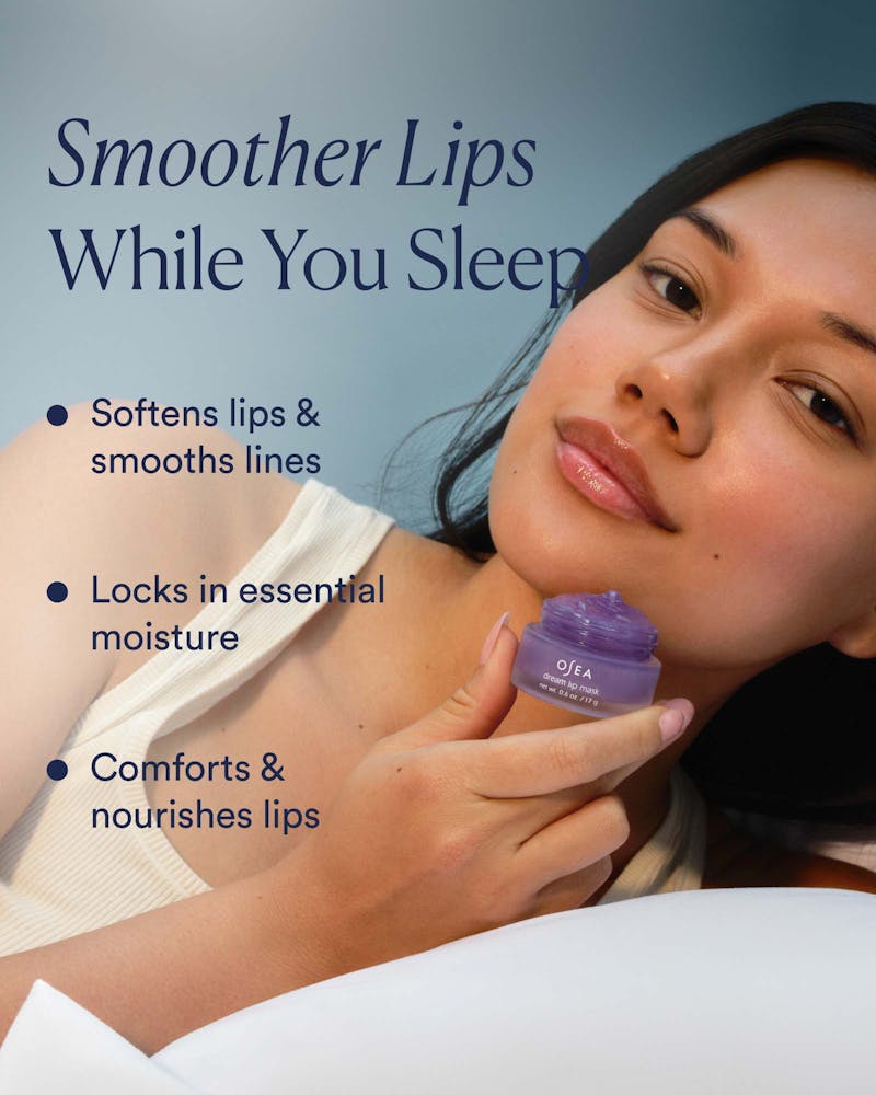 Woman holding a lip balm with text about its benefits on a blue background