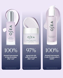 OSEA skincare products with usage statistics on a light purple background