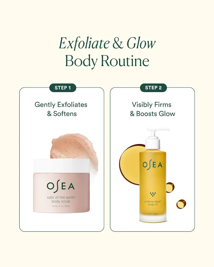Promotional graphic for an OSEA exfoliate and glow body routine, showing two product panels labeled Step 1 and Step 2 on a light cream background.
