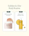 Promotional graphic for an OSEA exfoliate and glow body routine, showing two product panels labeled Step 1 and Step 2 on a light cream background.