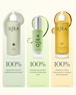 Osea skincare products including ocean cleaner, hyaluronic sea serum, and unda body oil on a light green background.