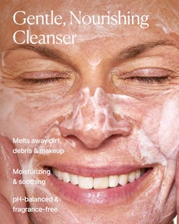 Close-up of a person applying a gentle nourishing cleanser to their face with text highlighting product benefits.