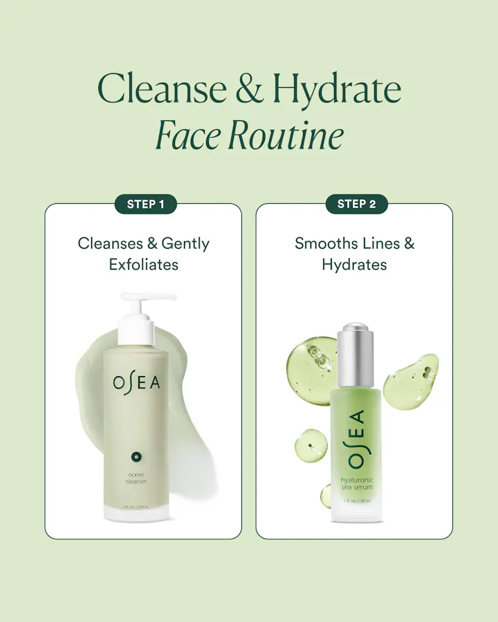 Osea skincare products with step-by-step instructions on a light green background