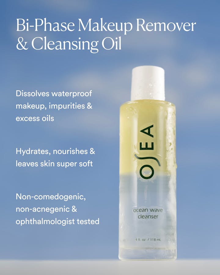 Bi-phase oil cleanser with visible oil and water layers designed to dissolve waterproof makeup and impurities