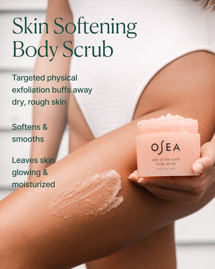 OSEA skin softening body scrub being applied to a person's arm with text describing the product.