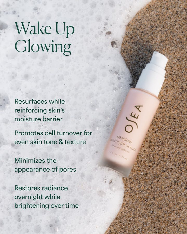 Seaglow Overnight Serum highlighting overnight resurfacing, smoother texture, minimized pores, and restored glow
