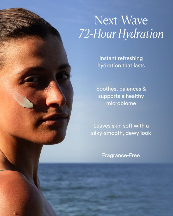 Seabiotic® Water Cream highlighting next-wave 72-hour hydration, microbiome support, and fragrance-free formula