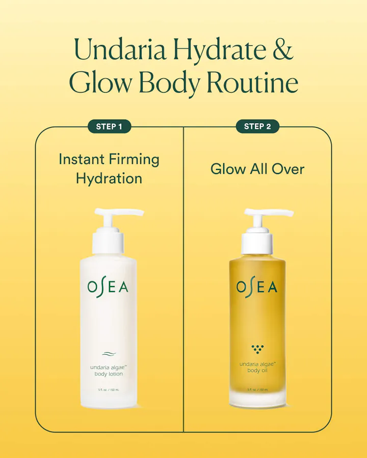 Two-step Undaria Hydrate & Glow Body Routine graphic: Step 1, Undaria Algae Body Lotion for instant firming hydration; Step 2, Undaria Algae Body Oil to glow all over.