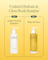 Two-step Undaria Hydrate & Glow Body Routine graphic: Step 1, Undaria Algae Body Lotion for instant firming hydration; Step 2, Undaria Algae Body Oil to glow all over.