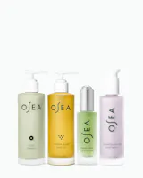 Four OSEA skincare bottles arranged in a row against a clean white background: ocean cleanser in a pale sage pump bottle, undaria algae body oil in a translucent golden yellow pump bottle, hyaluionic sea serum in a light green dropper bottle with a silver cap, and cream bio-retinol body serum in a pale lavender pump bottle.