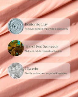 Skincare product with Bentonite Clay, Trio of Red Seaweeds, and Glycerin labeled on a pink background.