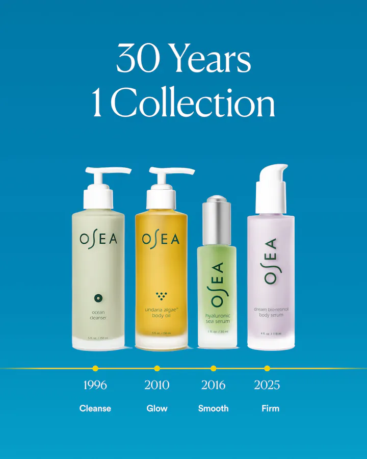 A promotional graphic for OSEA skincare showing four product bottles on a blue gradient background with the text '30 Years 1 Collection' and a timeline at the bottom marking 1996 Cleanse, 2010 Glow, 2016 Smooth, and 2025 Firm.