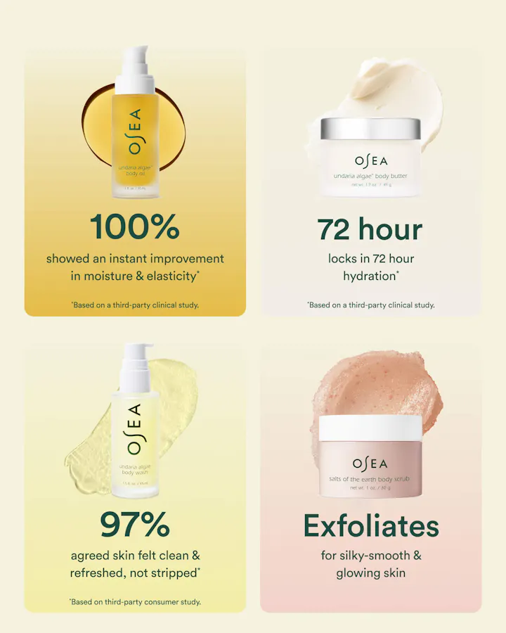 OSEA skincare products with text on a light yellow background