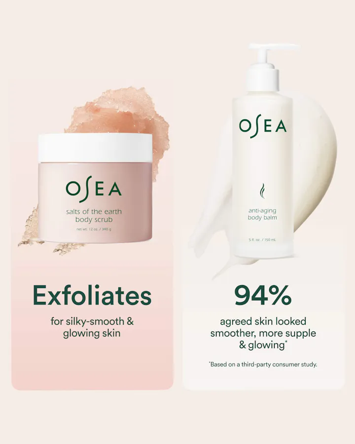 Osea skincare products including a jar and bottle on a light pink background