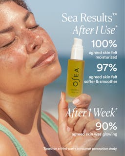 Woman holding a bottle of OSEA product with text about skin moisturization and smoothness.